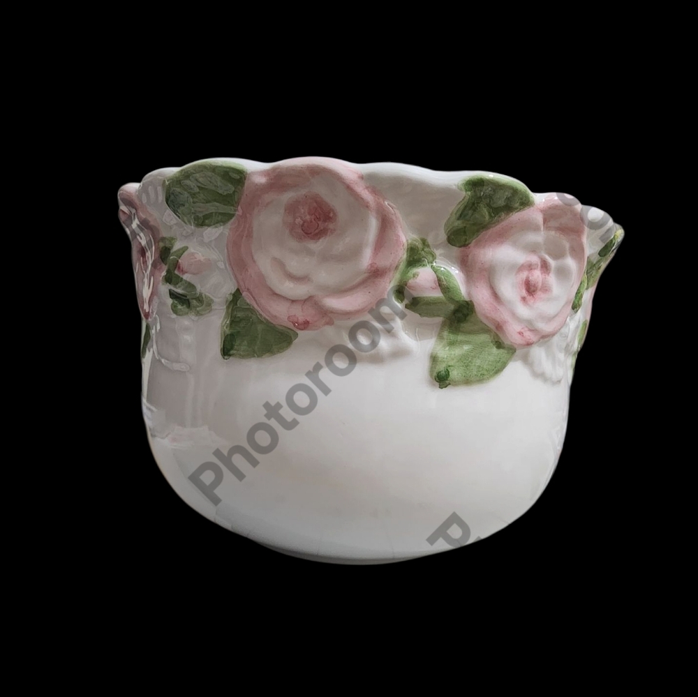 Vintage Floral Ceramic Bowl with Pink Roses Made In Portugal